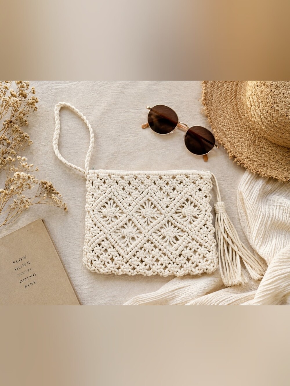 Kismet Macrame Wristlet Clutch | Boho Cream Tassel Bag